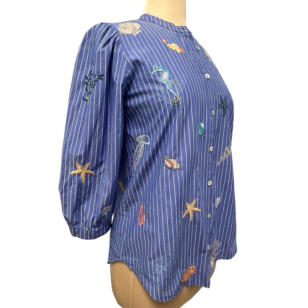 Johnny Was Workshop Striped Blue Embroidered Seashells Ocean Shirt XS Blouse - Picture 6 of 14